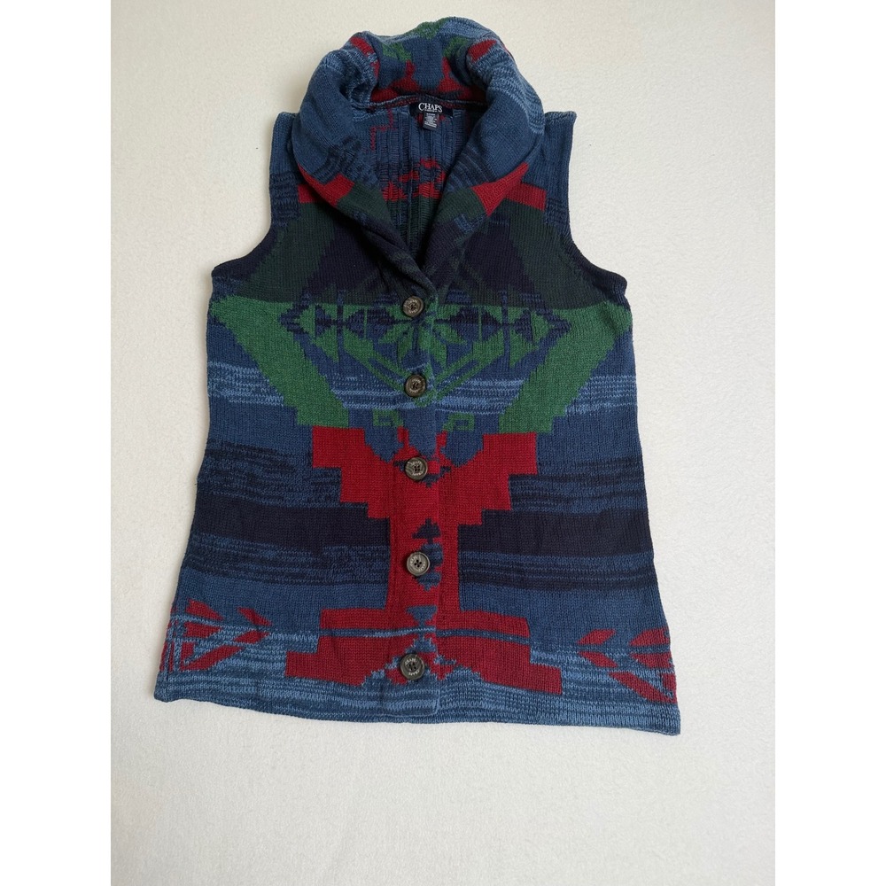 Chaps  Southwestern Shawl Collar Button Front Sweater Vest Blue Red Small